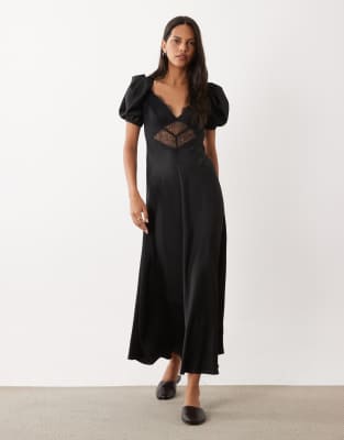 Rare London Puff Sleeve Lace Detail Maxi Dress In Black