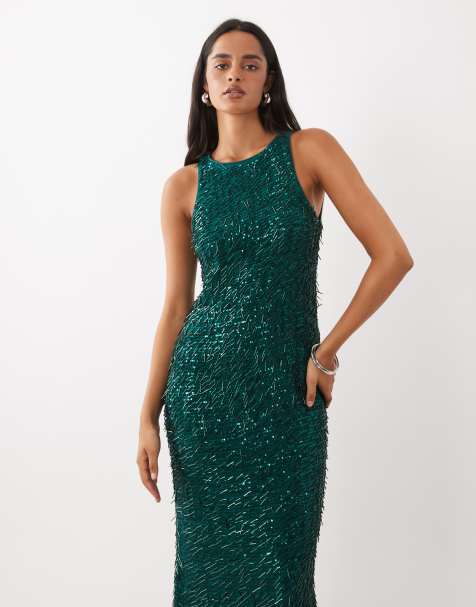 Rare London racer neck beaded sequin maxi dress in emerald green - view 1