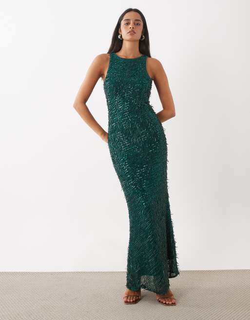 Rare London racer neck beaded sequin maxi dress in emerald green, 2 of 4