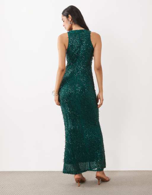 Rare London racer neck beaded sequin maxi dress in emerald green, 4 of 4