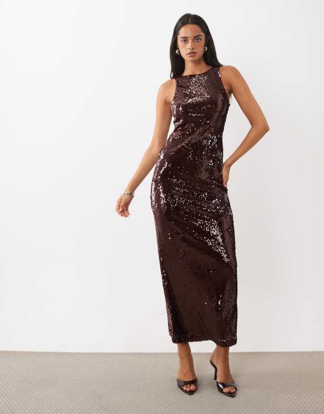 Rare London racer neck sequin maxi dress in burgundy