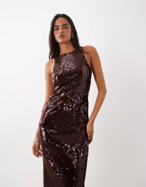 Rare London racer neck sequin maxi dress in burgundy, 2 of 4