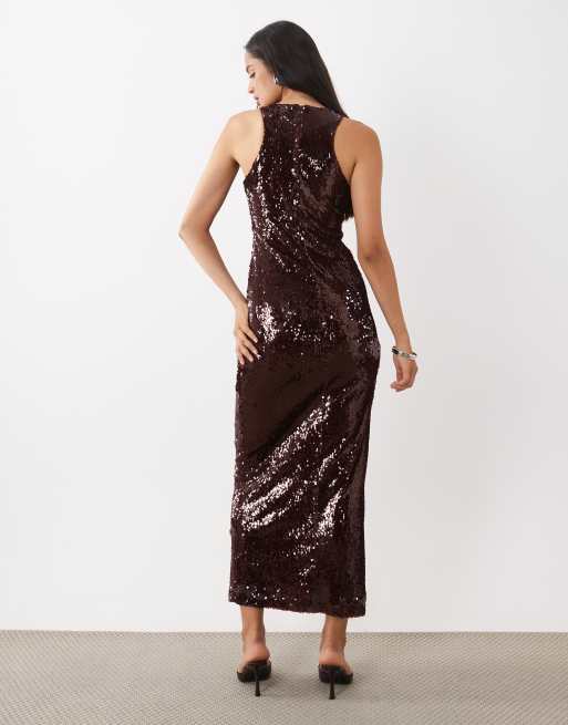 Rare London racer neck sequin maxi dress in burgundy, 4 of 4