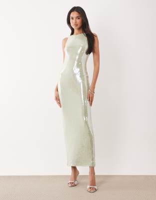 Rare London racer neck sequin midi dress in light green