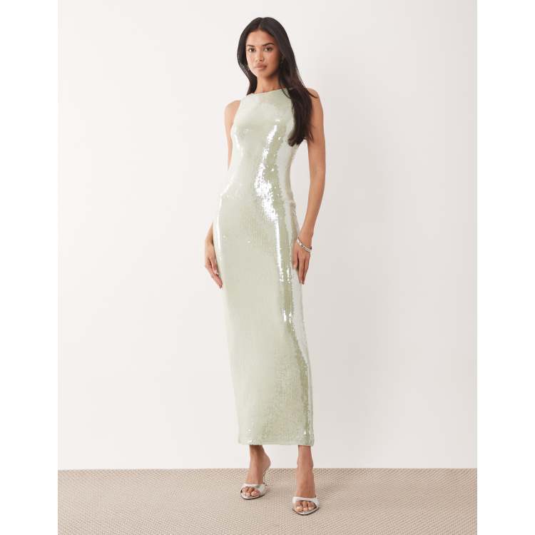 pale green sequin dress Prom Evening Dress Halter Neck Sequin Light Green Flowy Maxi Dress-chiclody, Light Green  US2