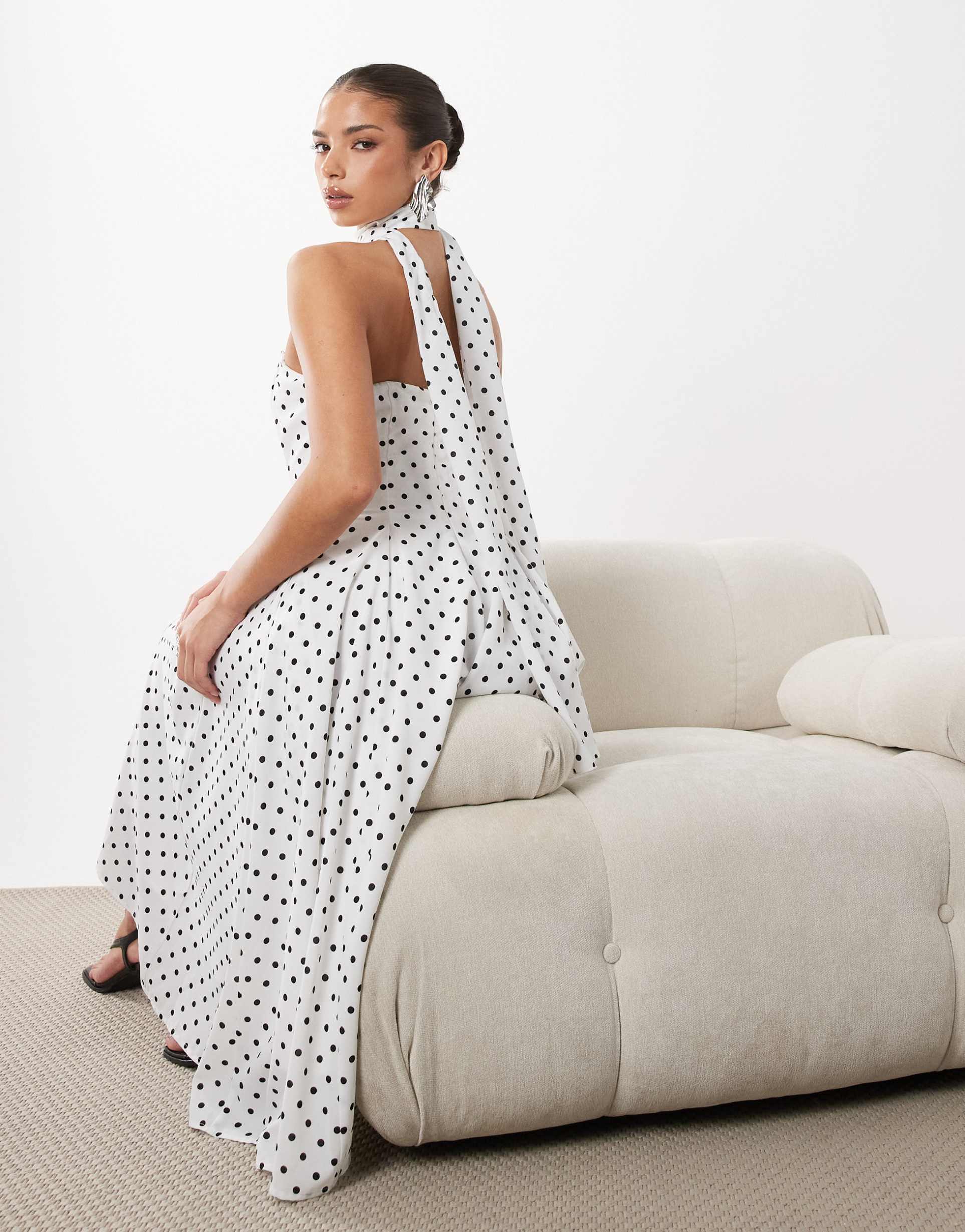 rare london removable strap scarf detail gathered hip midi dress in mono polka dot
