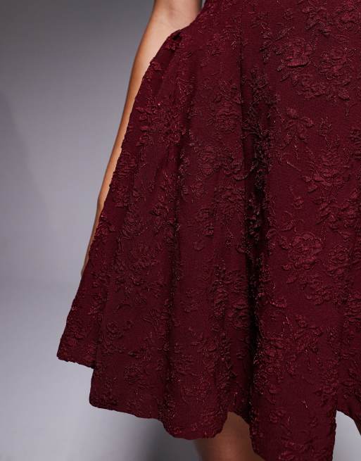 Rare London - Robe bandeau courte à jacquard fleuri avec plis sur les côtés - Rouge, 2 de 4