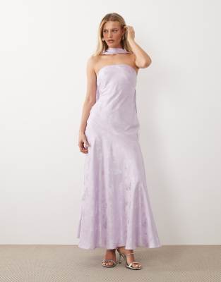 Rare London - Robe bandeau longue en satin structuré à détail foulard en jacquard - Lilas-Violet