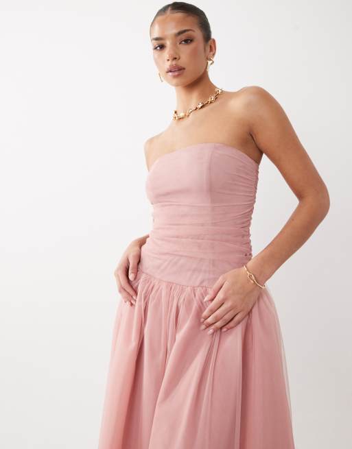 Rare London - Robe bandeau longueur mollet en tulle froncé - Rose clair, 2 de 4