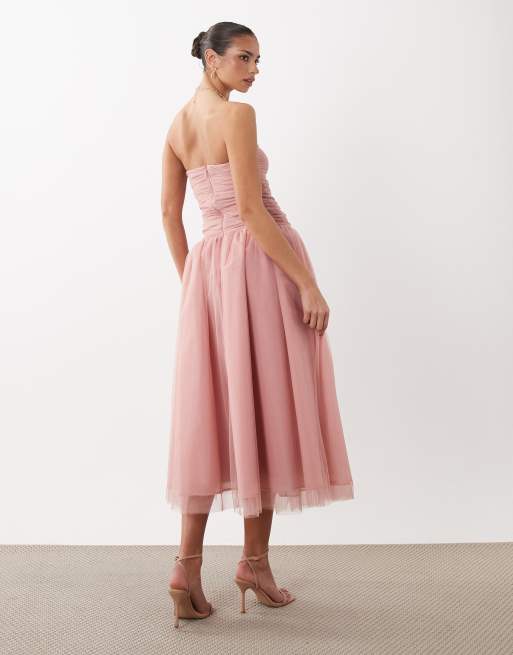 Rare London - Robe bandeau longueur mollet en tulle froncé - Rose clair, 3 de 4
