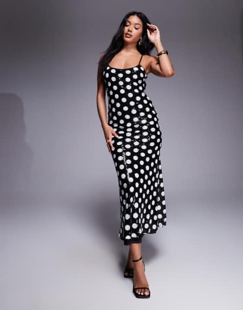 Rare London - Robe caraco longue à sequins et pois - Noir et blanc - view 1