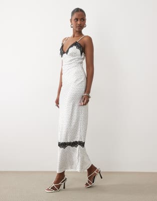 London - Robe caraco longue en satin à pois avec détails en dentelle sur le buste-Multicolore 34
