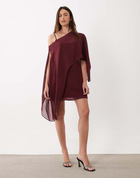 Rare London robe courte à épaules dénudées avec cape et détail drapé prune - view 1