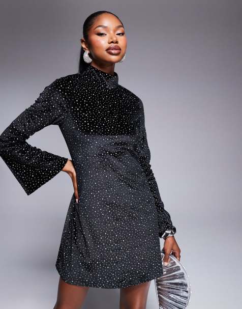 Rare London - Robe courte à strass et col montant en velours - Noir - view 1