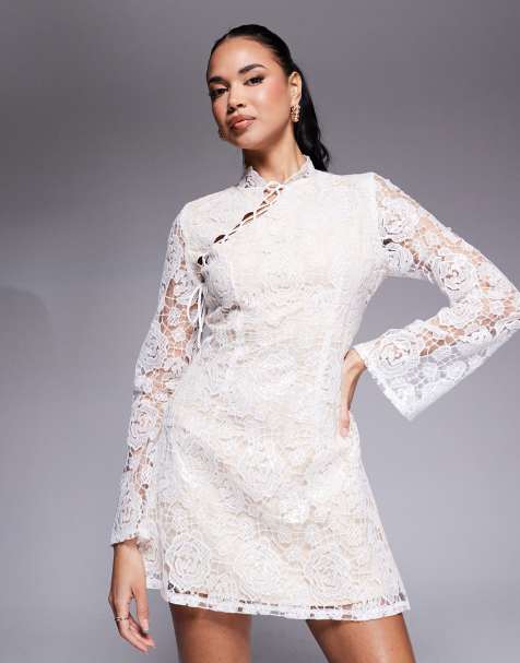 Rare London - Robe courte asymétrique en dentelle à lacets - Blanc - view 1