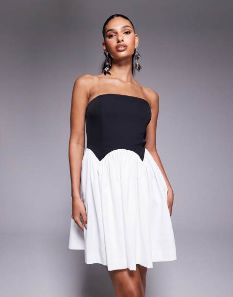 Rare London - Robe courte avec bustier contrastant festonné style corset - Noir et blanc - view 1