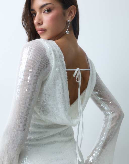 Rare London robe courte droite à sequins, col bénitier, détail dos nu, blanche, 4 de 5