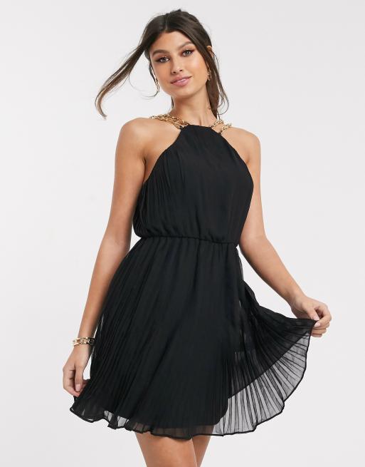 Rare London - Robe de bal de promo courte plissée avec bretelle en chaîne dorée - Noir, 3 de 4