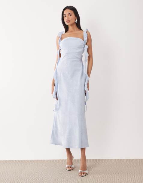 Rare London - Robe froncée et drapée en satin à motif floral en jacquard avec bordures dentelle - Bleu clair - view 1