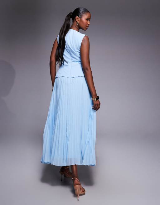 Rare London - Robe longue ajustée à taille basse et jupe plissée avec superposition - Bleu pastel, 3 de 4