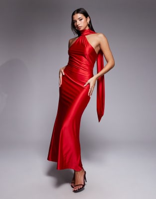 Rare London - Robe longue asymétrique en satin stretch à détail foulard - Rouge