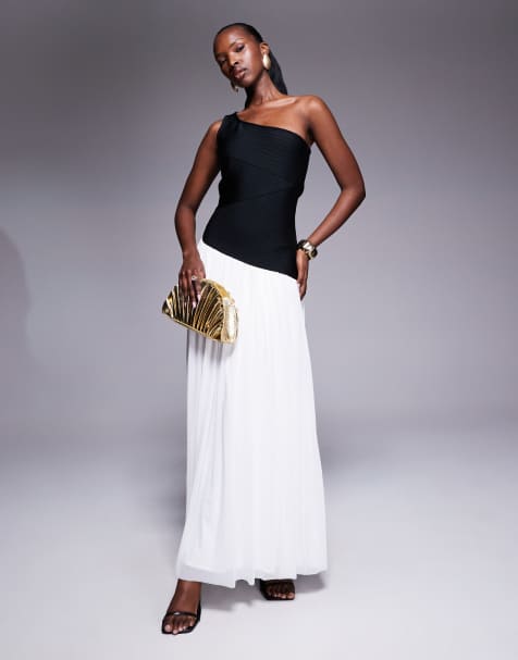 Rare London - Robe longue asymétrique en tulle contrastant à taille basse - Noir et blanc - view 1