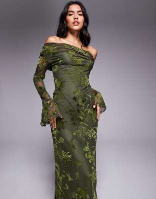 Rare London - Robe longue en dévoré à fleurs avec épaules tombantes et manches évasées - Olive-Vert