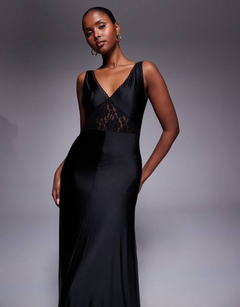 Rare London - Robe longue en jersey fluide à dos échancré et finitions en dentelle - Noir - view 1