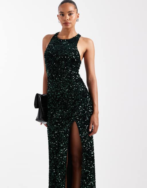 Rare London - Robe longue en velours à sequins croisée dans le dos avec fente latérale - Vert forêt, 4 de 4