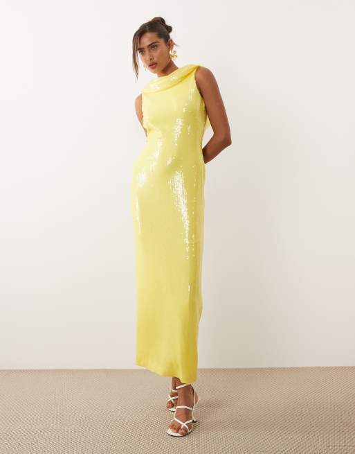 Rare London - Robe longue ornée de sequins avec dos bénitier très échancré - Jaune, 2 de 4