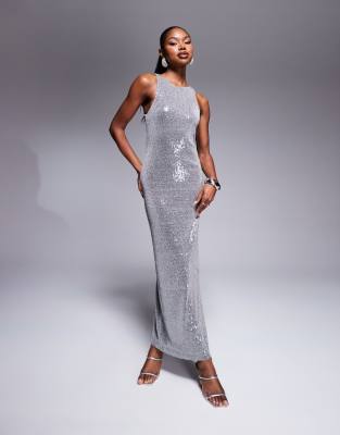 Robe longue soirée argentée maille scintillante sans manches