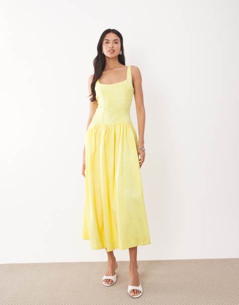 Rare London - Robe longueur mollet en jacquard satiné structuré avec dos échancré - Jaune citron - view 1