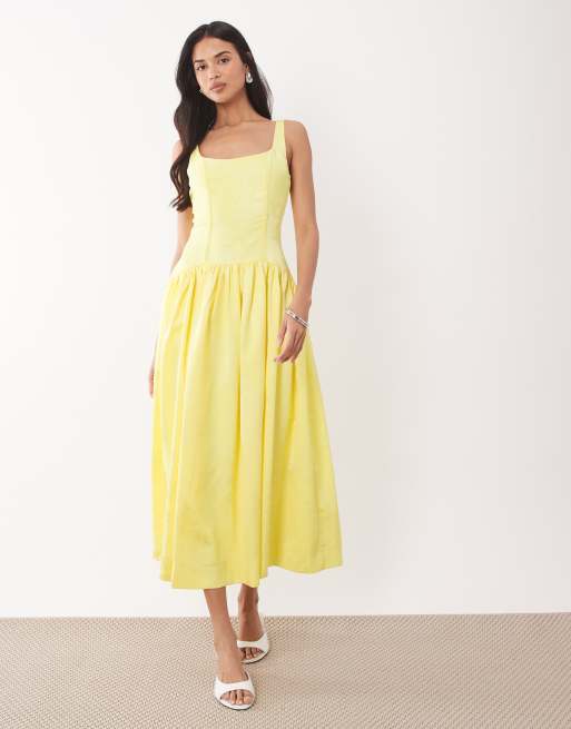 Rare London - Robe longueur mollet en jacquard satiné structuré avec dos échancré - Jaune citron, 3 de 4