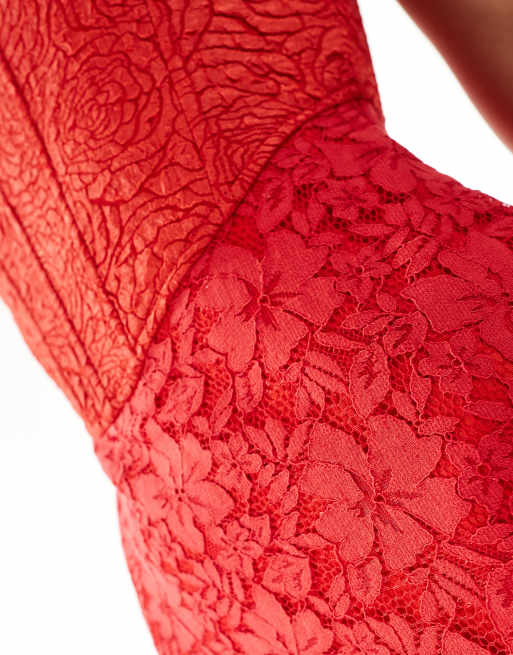 Rare London - Robe mi-longue en dentelle avec corset à bretelles - Rouge, 4 de 4