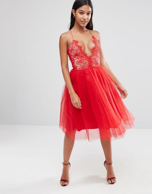 Rare London - Robe mi-longue en tulle avec corsage en dentelle festonnée