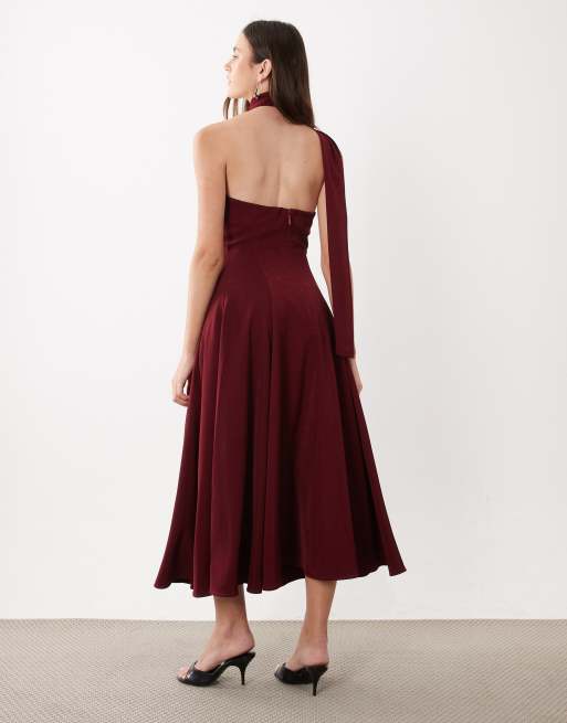 Rare London robe midi plissée structurée avec détail écharpe, bordeaux, 2 de 4