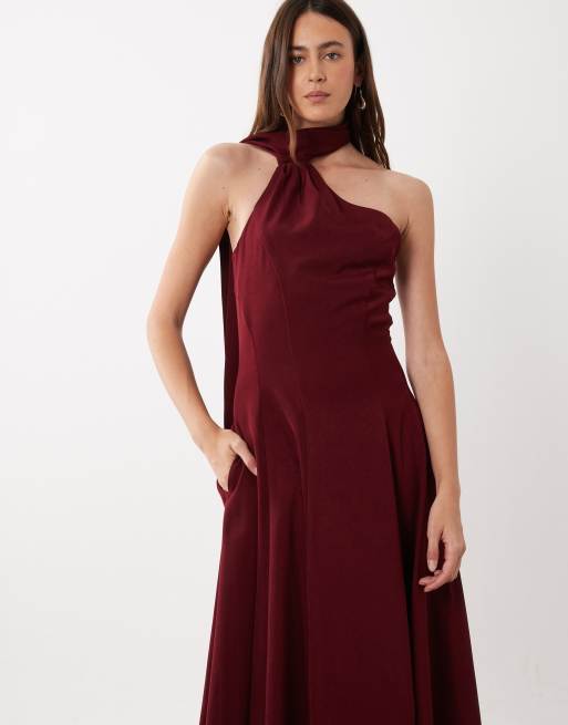 Rare London robe midi plissée structurée avec détail écharpe, bordeaux, 3 de 4