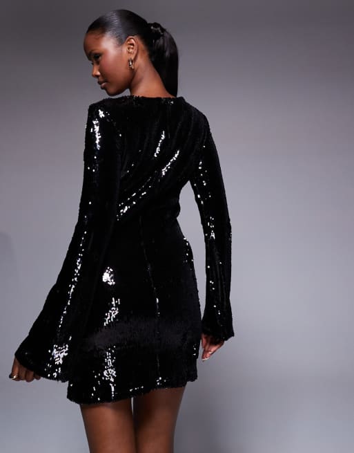 Rare London - Robe moulante coupe courte évasée à sequins et manches longues - Noir, 4 de 4