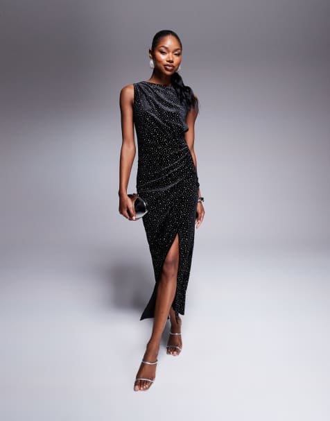 Rare London - Robe sans manches longueur mollet en velours orné de strass avec fente sur la cuisse - Noir - view 1