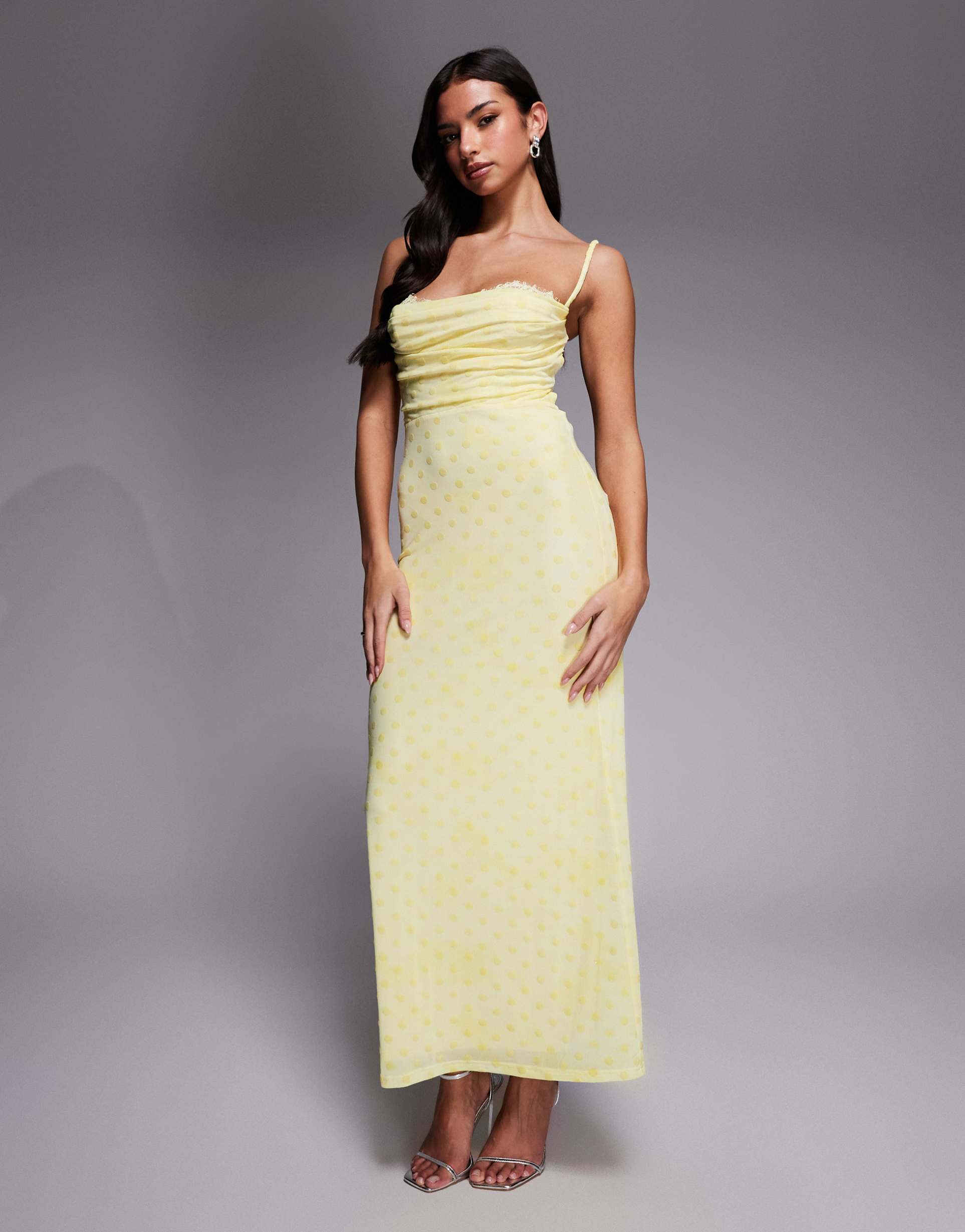 rare london ruched bust lace detail strappy back midi dress in yellow polka dot