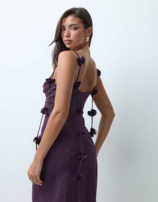 Rare London Ruched Floral Petal Detail Maxi Dress In Purple