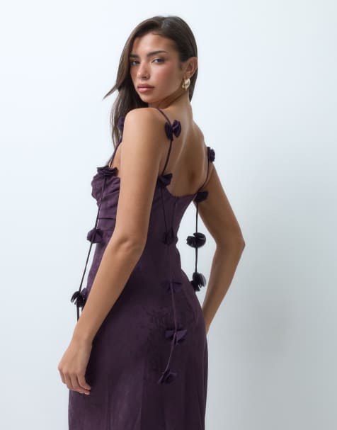 Rare London ruched floral petal detail maxi dress in plum - view 1