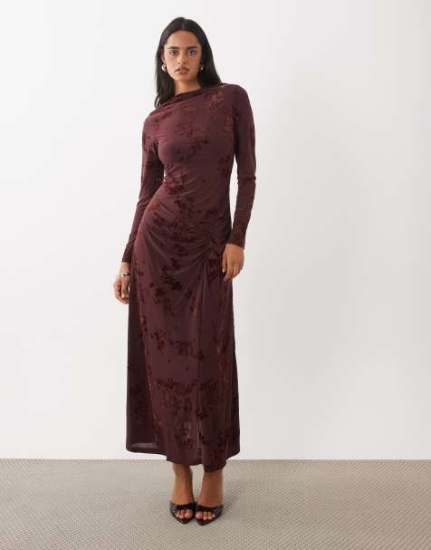 Rare London ruched gathered burnout floral long sleeve maxi dress in burgundy - view 1