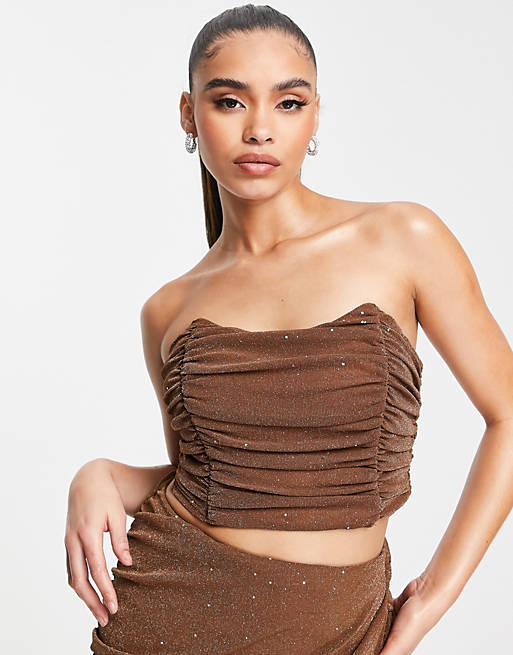 Women Rare London ruched mesh corset top co ord in camel 