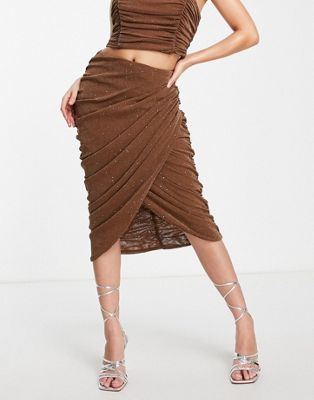 Rare London ruched mesh midi skirt co ord in camel