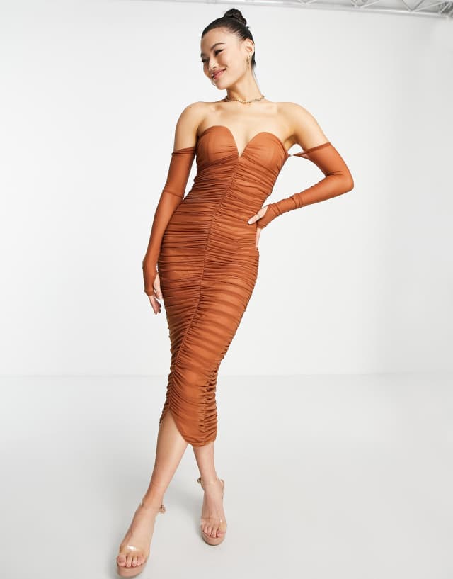 Rare London ruched midi dress with gloves in cinnamon