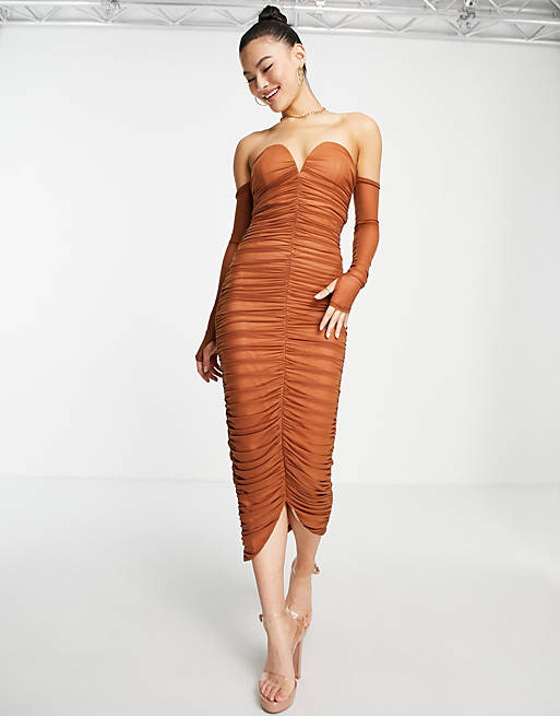 Rare London ruched midi dress with gloves in cinnamon