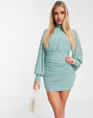 Rare London ruched mini dress with balloon sleeves in sage