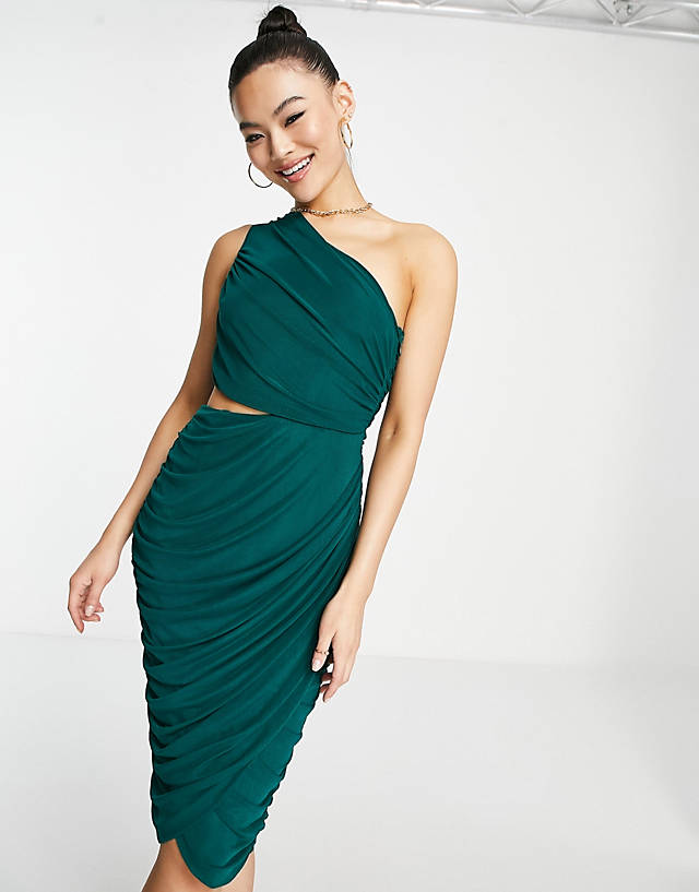 Rare - london ruched one shoulder dress with cut out in emerald green