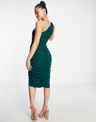 Rare London ruched one shoulder dress with cut out in emerald green